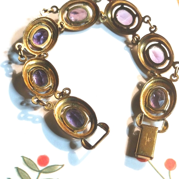 BINDER BROTHERS GOLD FILLED DESIGNER AMETHYST  BRACELET, 1940'S, 7 INCH. SIGNED - Picture 7 of 8